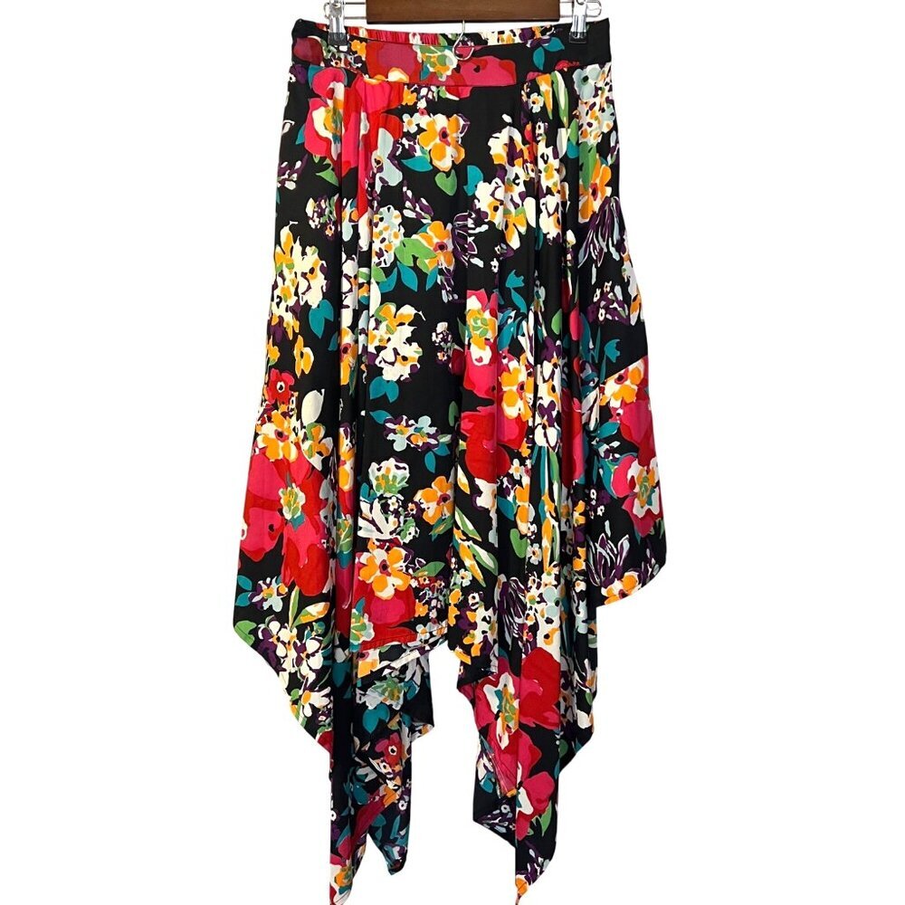 Mix Nouveau Floral Handkerchief Hem Midi Skirt L Colorful Artsy Art to Wear